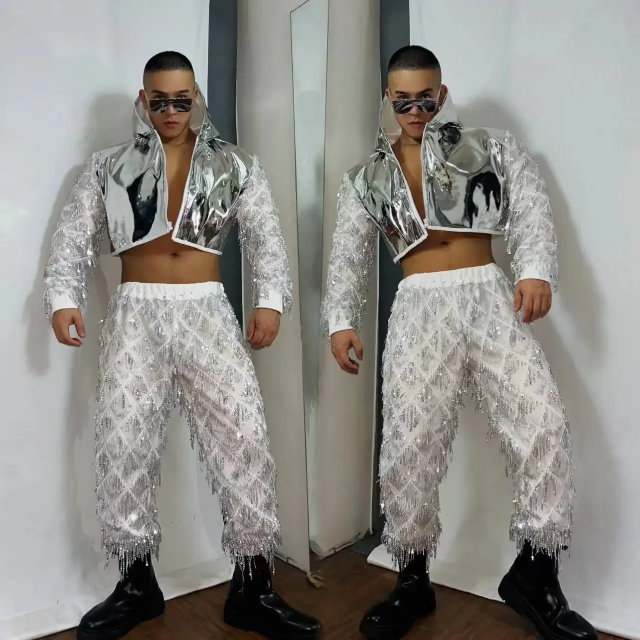 Sequins Hip Hop Clothes Nightclub Men Dancer Stage Costume Silver Jacket Pants Gogo Dance Cloth Party Rave Outfit  stage costume