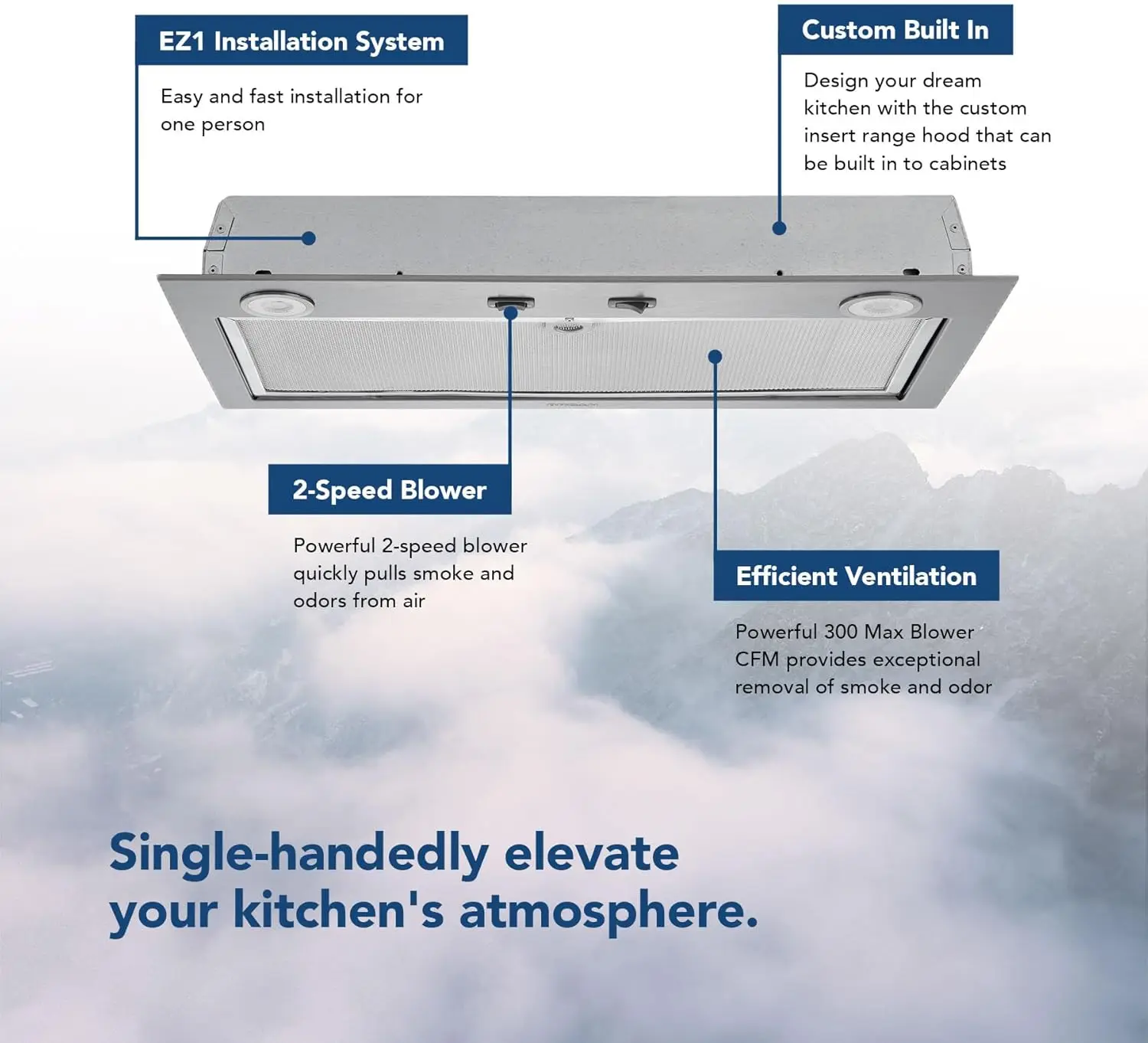 Custom Power Pack Range Hood Insert with 2-Speed Exhaust Fan and Light, 300 Max Blower CFM, Stainless Steel