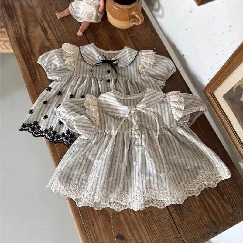 

2026 Summer New Baby Girl Short Sleeve Clothes Set Cute Girls Peter Pan Collar Princess Flower Tops + Lantern Pants 2pcs Suit