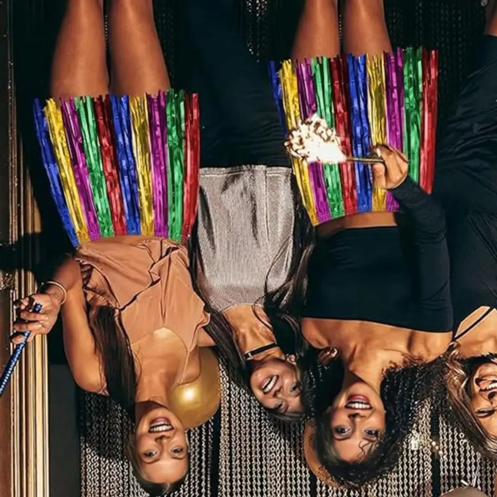 

Юбка из фольгированной ткани с бахромой, двухслойная гавайская юбка для взрослых и детей, красочные юбки для тропических пляжных вечеринок