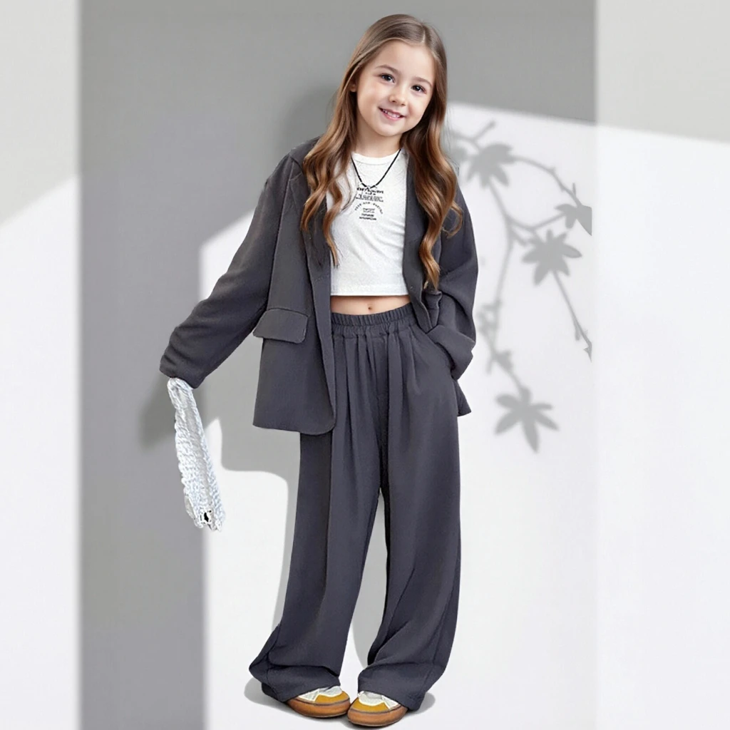 

Комплект блейзера для девочек, весенне-осенняя модная свободная куртка, брюки, комплект из 2 предметов, детская повседневная одежда, модная школьная детская одежда, костюм