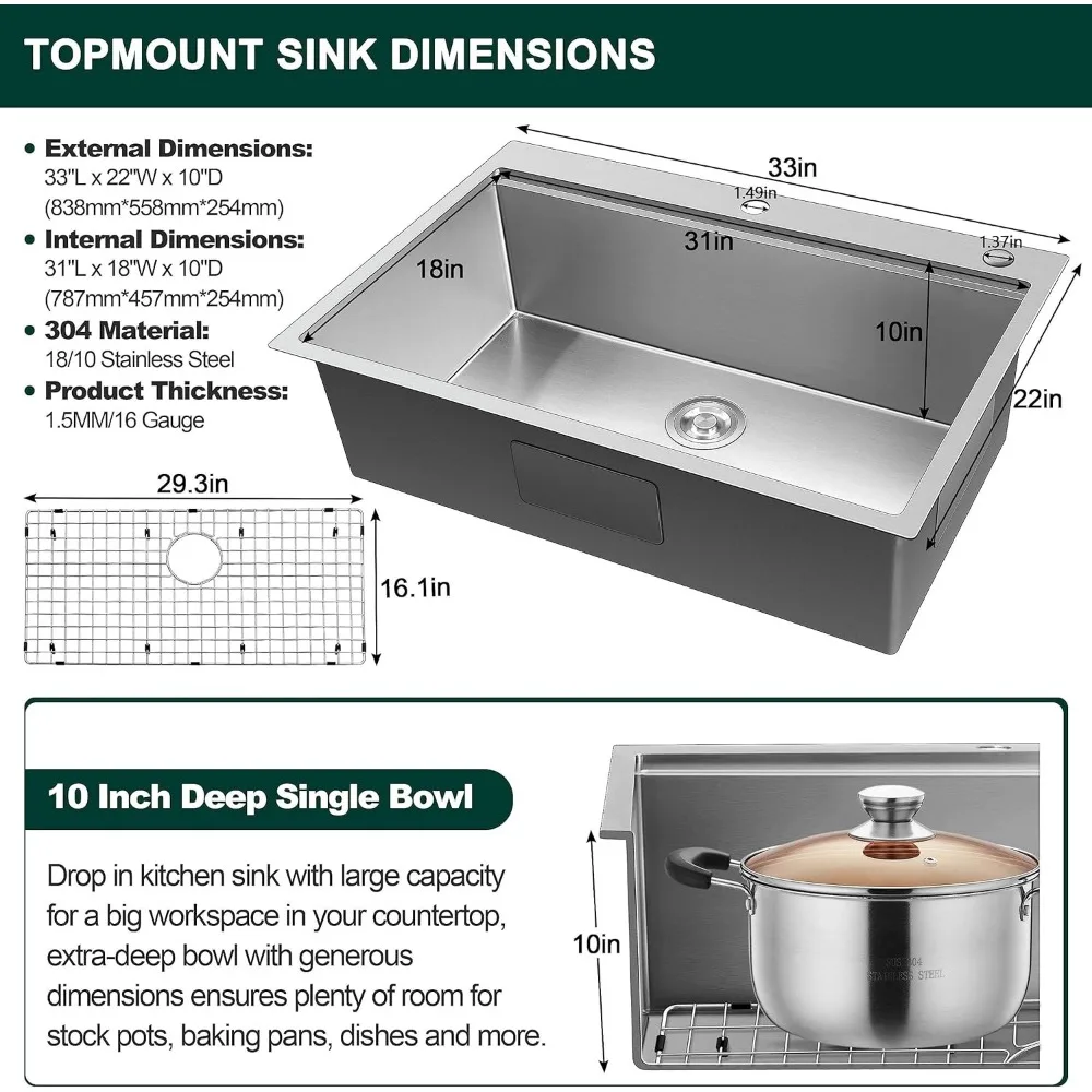 Fregadero de cocina de 33x22 pulgadas, montaje superior de acero inoxidable de calibre 16, de un solo tazón, con esquina R10 de 2 agujeros