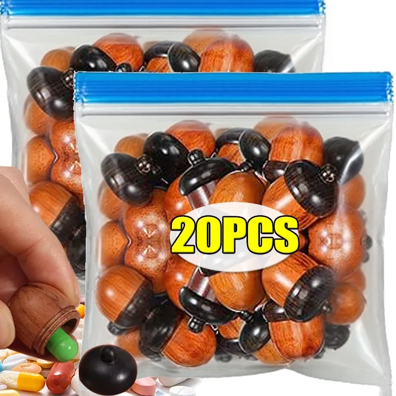 

20/1pcs Mini Wooden Medicine Pill Box Wood Acorn Pendant Portable Rescue Tablets Case Granule Storage Box Small Items Container