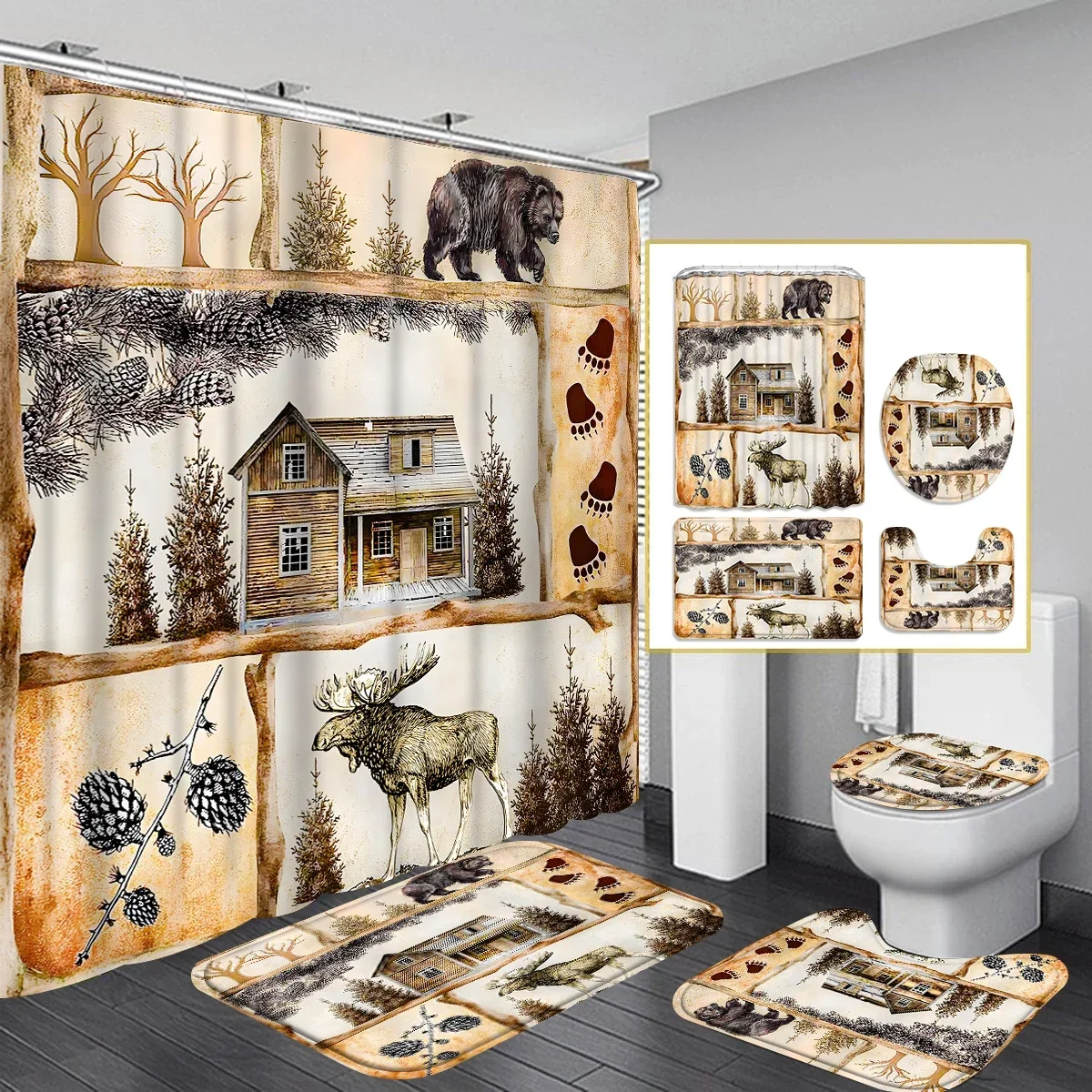 Forest Cabin Bathroom Set Woodland Animal Shower Curtain Set Non-Slip Rugs Toilet Cover U-Shape Mat Nordic Nature Bathroom Decor