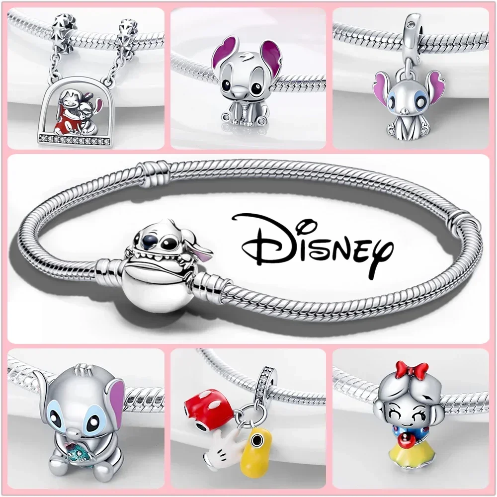 Disney-Stitch Bolo de Aniversário Pulseira de Prata Charms para Mulheres, Fits Pandora Original, Jóias Fazendo Contas, 925 Sterling Silver