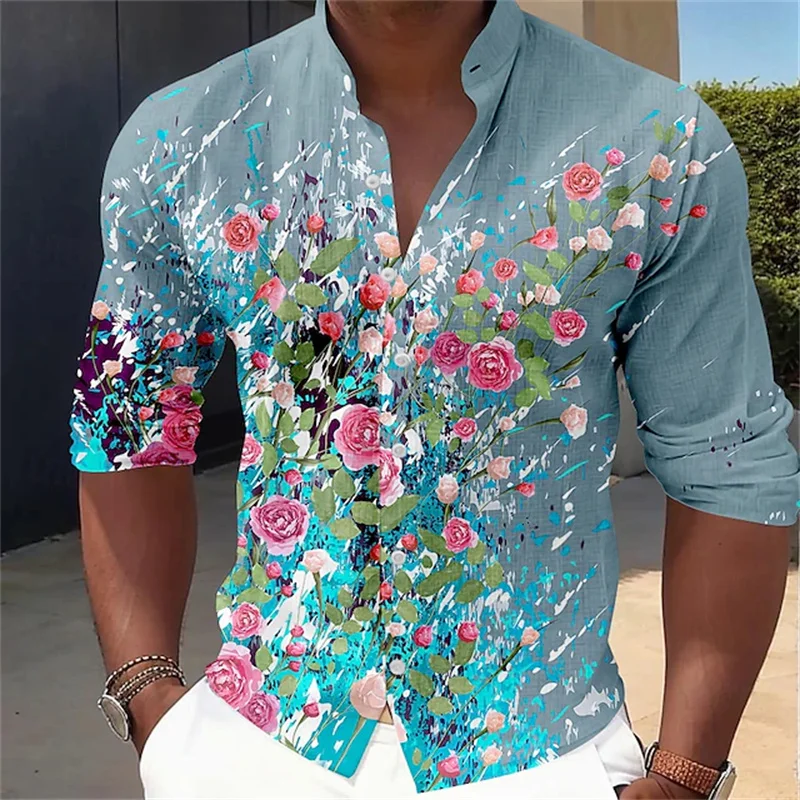 

Men's Floral Button-Down Shirt Long Sleeve Casual Vacation Everyday Summer Spring Autumn Stand-Up Collar 3D Printed Shirt