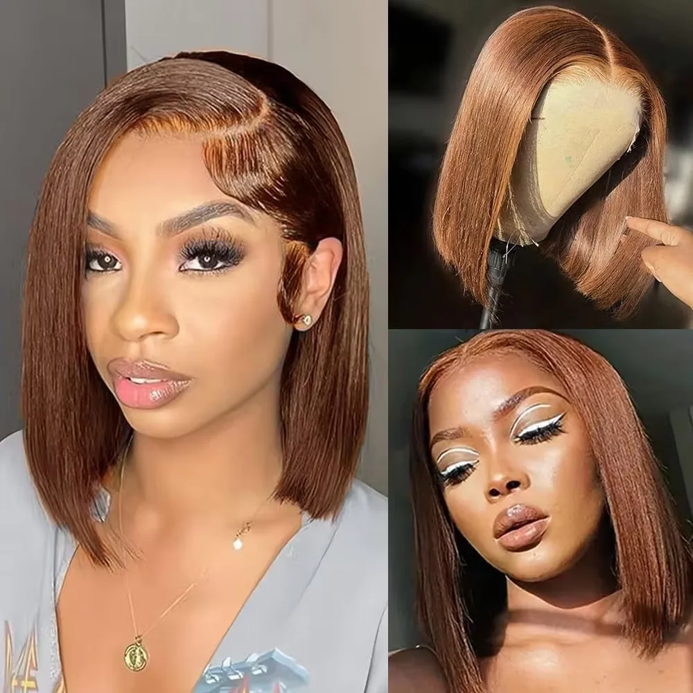 

Chocolate Brown Straight Short Bob Wig 13x4 HD Transparent Lace 200 Density Brazilian Human Hair Pre Plucked Lace Front Hair Wig
