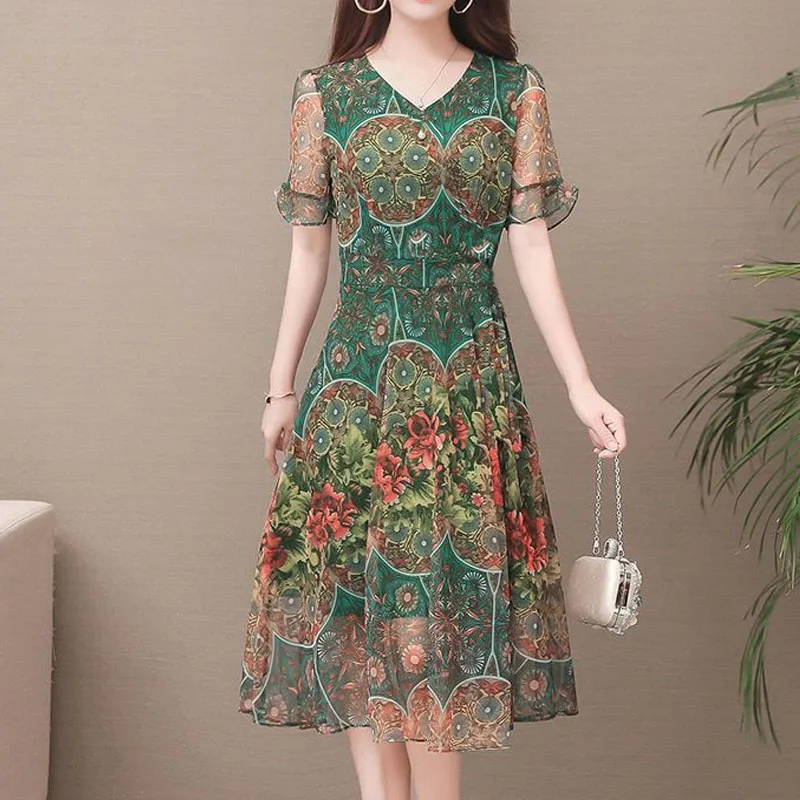 2023 Summer New Gauze Fashion Printed Loose Refreshing Short Sleeve V-Neck Medium and Long High Street Waist Knee-length Dresses