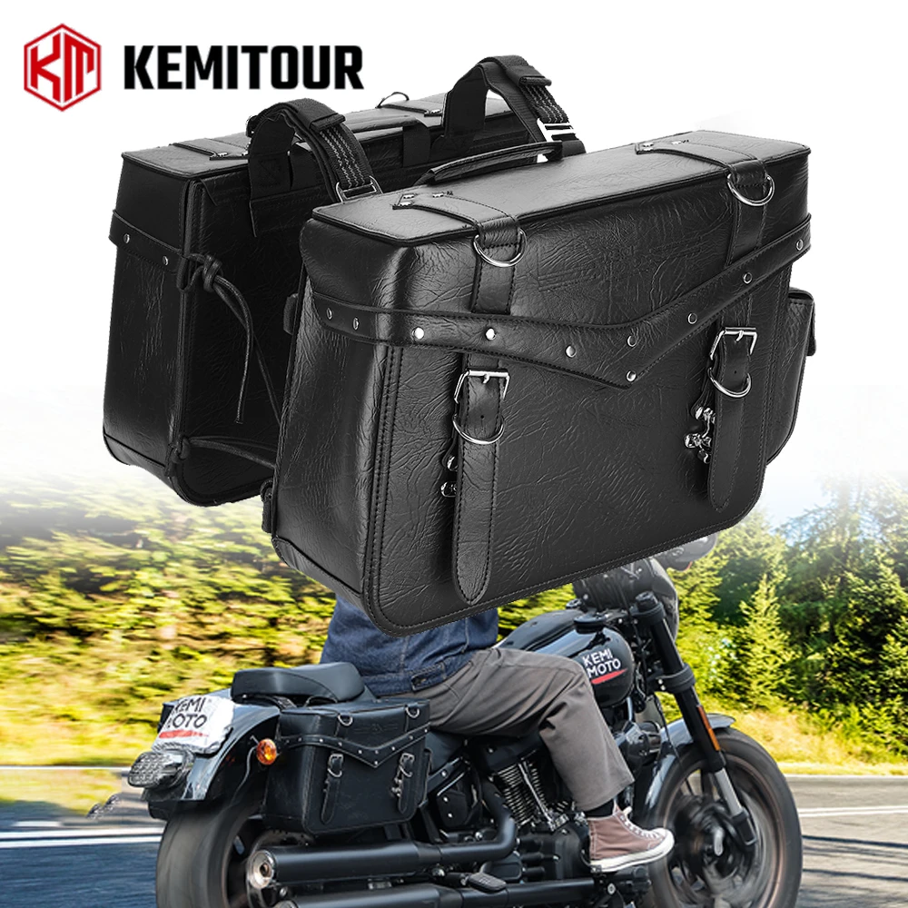 

Motorcycle Saddlebags Heavy Duty 30L Leather Luggage Throw Over Saddle Bags for Sportster Softail Dyna Road King V-star Shadow