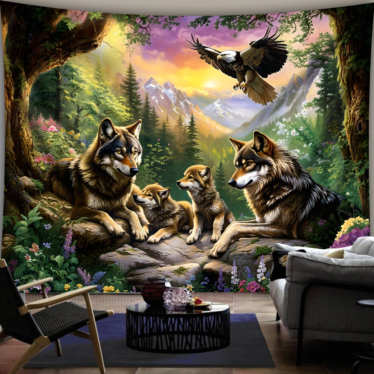 Wolfsfamilie mit Adler im Berg – Interior Design Landscape Bewertung und Preis