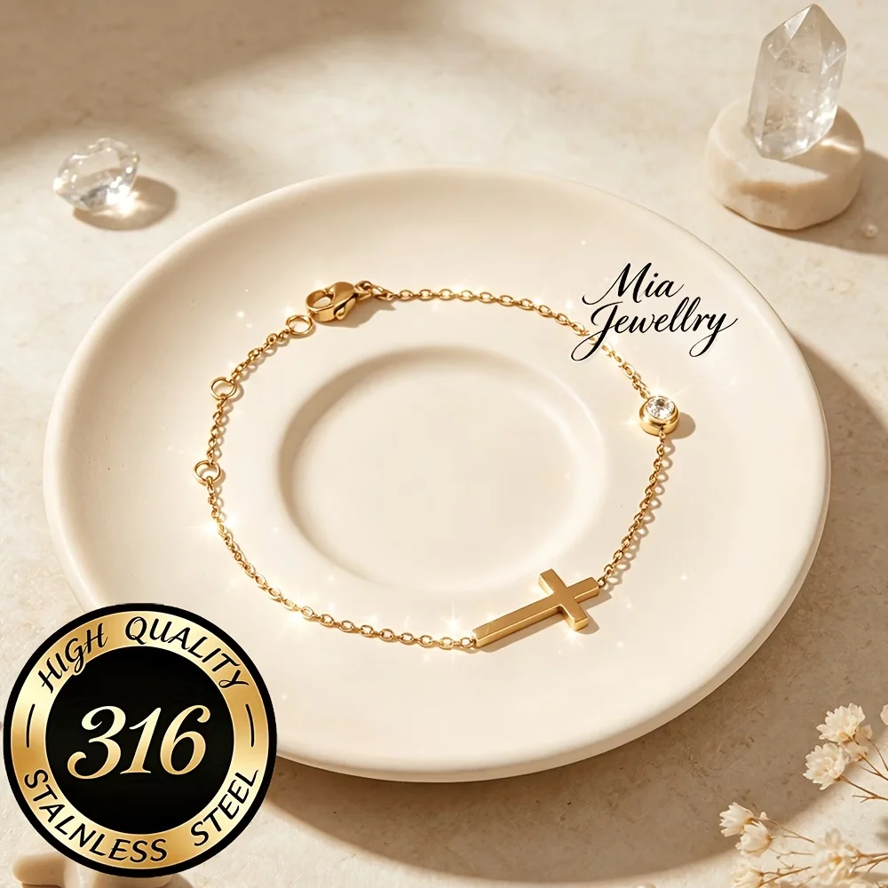 Bracelet croix en acier inoxydable avec zircon cubique incrusté, bijou minimaliste, accessoire délicat et tendance pour le quotidien