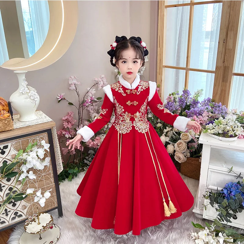 Meninas 2022 inverno novo grosso hanfu fada princesa vestido desempenho ano novo chinês roupas de saudação bordado qipao vestido