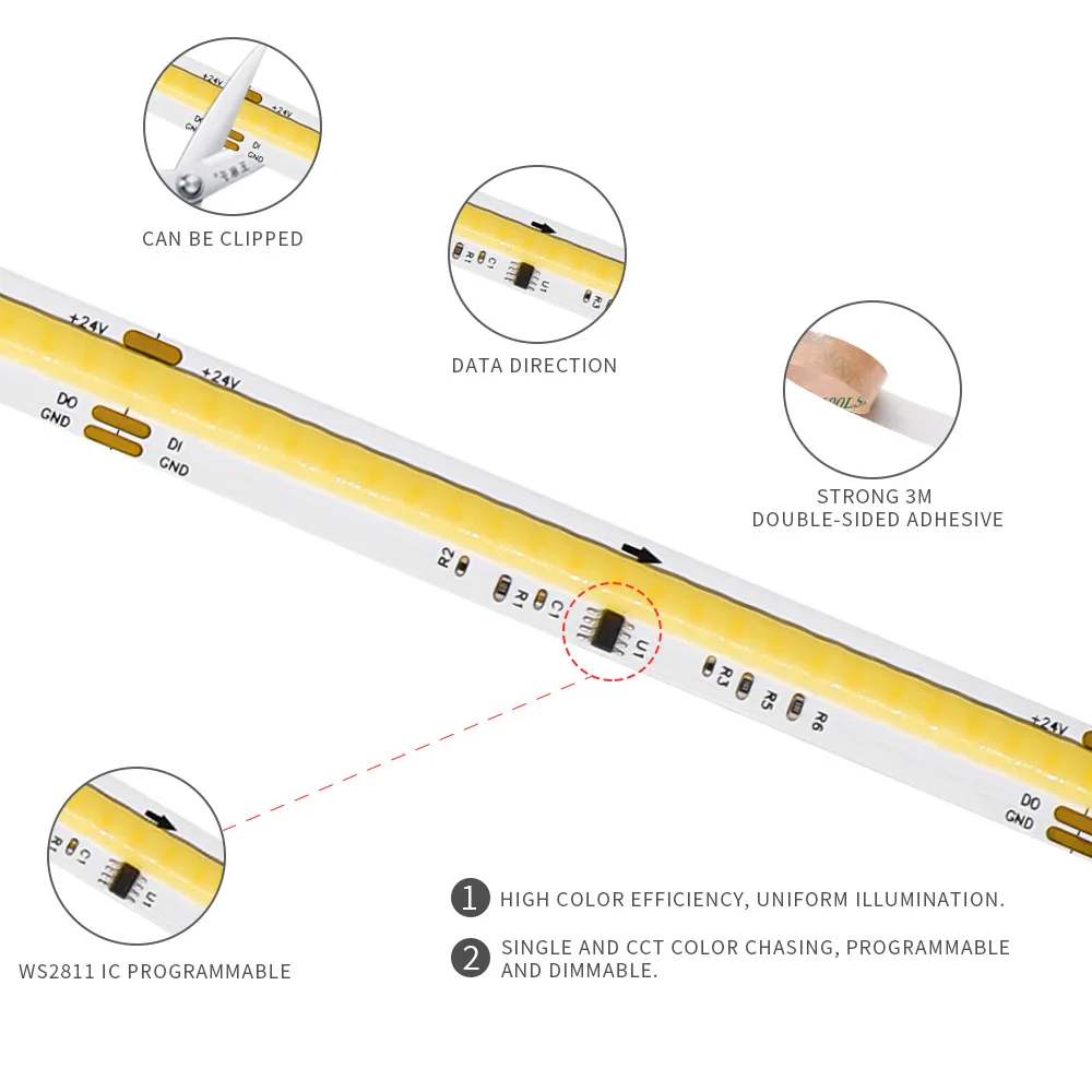 COB SPI WS2811 IC CCT LED Strip Light Addressable 576LEDs 2700K to 6500K  Flexible FOB High Density COB Tape RA90 10mm DC24V