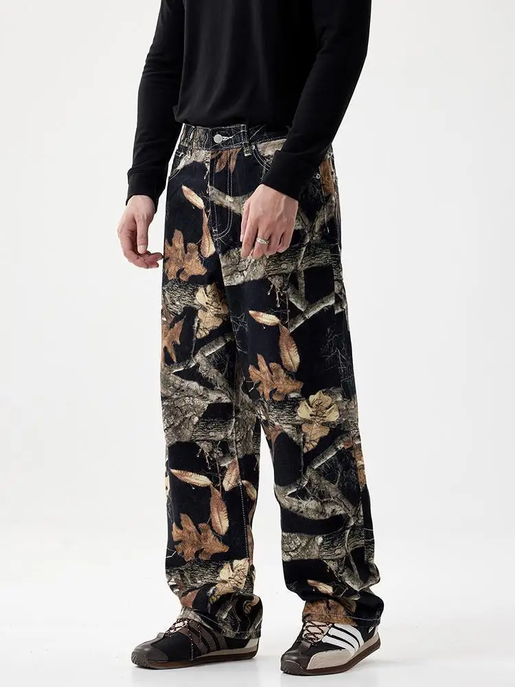 جينز رجالي مطبوع عليه جرافيتي أمريكي بأقليات واسعة الساق جينز فضفاض مستقيم متدلي عصري من القطن للربيع والصيف