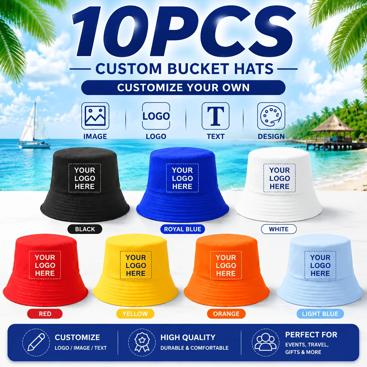 Pack of 10 Custom Bucket Hats—Unisex, Blank DIY Style Suitable for Personalization with Logos, Patterns, or Text