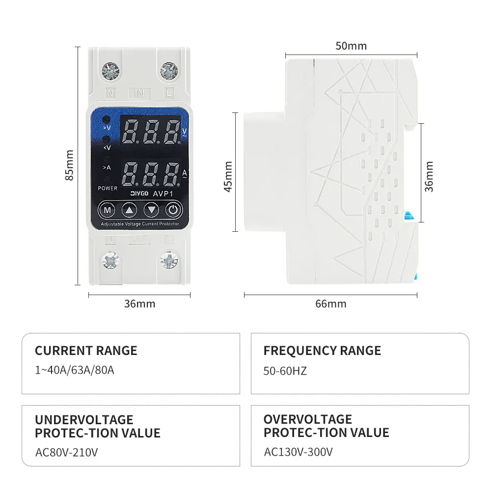 DIY GO Dual-Display 40A 63A 80A AC 220V 230V Einstellbarer Überspannungs- und Unterspannungs-Schutzrelais mit Überstromschutz – Detail 3