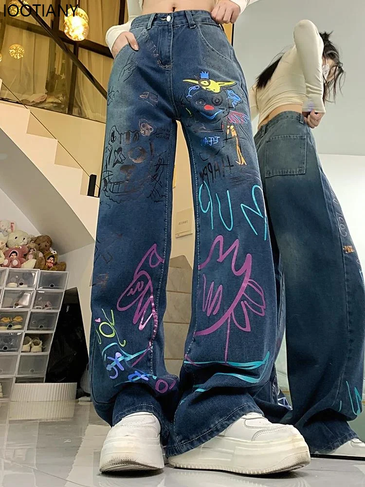 

Women's High Waist Graffiti Painted Pattern Jeans Women's American Retro High Street Hip Hop Loose Retro Straight Leg Pants