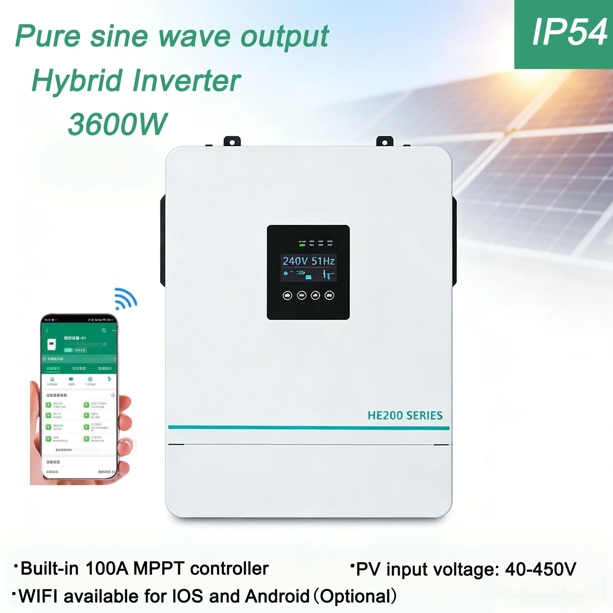 IP54 High Protection Level Single Phase Inversor Solar Hybrid Inverter Grid Solar DC/AC 3.5KW Power Home Use MPPT Controller