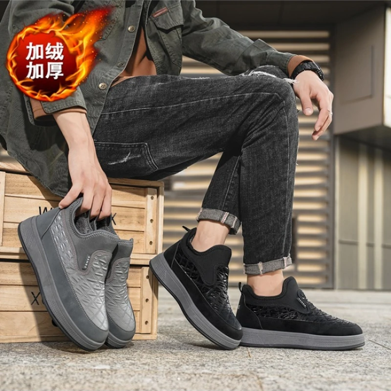 

New Type of Winter Sports Snow Boots for Men Solid Color Low Top Checkered Suede Fleece Warmth Soft Sole Anti-slip Properties