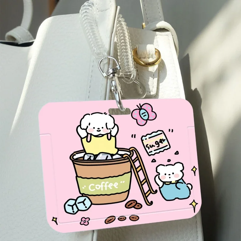 Puppy Coffee Student Card Holder with Retractable Spring Cord Suitable for Bus Card Protection Cover, Meal/Door Card Cover Ect.