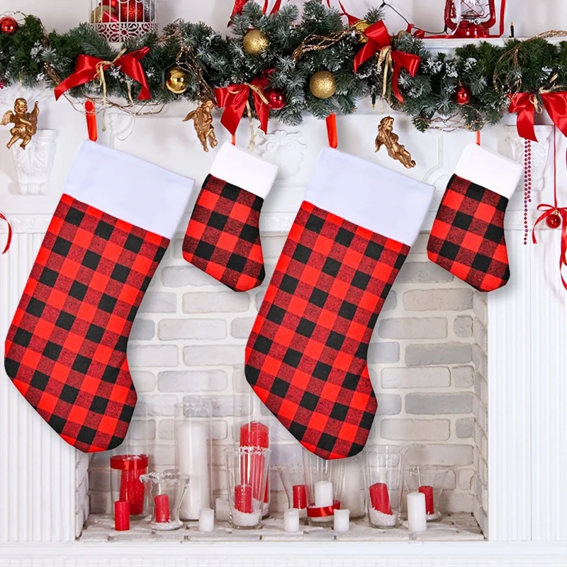 Christmas Stockings-4 Pack Buffalo Plaid Christmas Stocking For Family Xmas Holiday Party Decoration