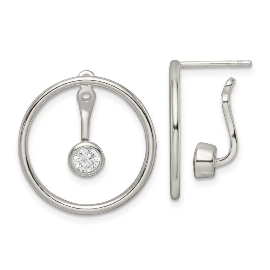 

Sterling Silver Polished Slide On Dangle CZ Circle Earrings