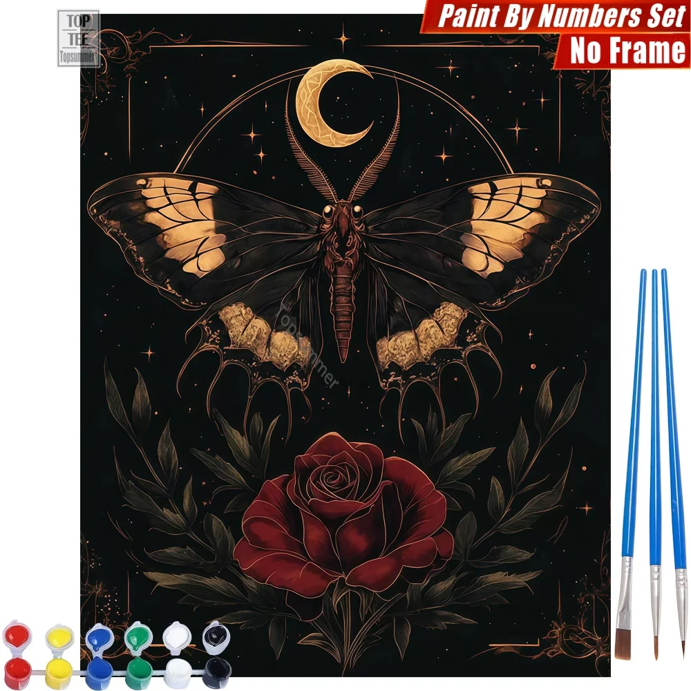 Kit de pinturas al óleo digitales DIY Gothic Moth Rose - Actividades relajantes con diseño de mariposa gótica y luna, regalo para el Día de la Madre para esposa