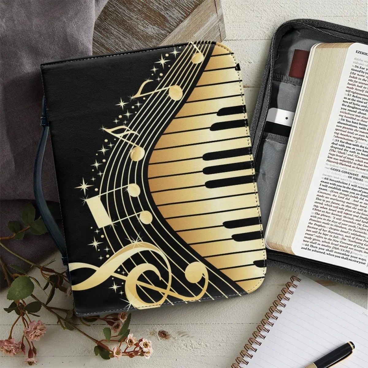 Art Piano Keyboard Music Notation Pattern Print Bible Bag for Ladies Leather Portable Handbags Zippered Handle Bible Storage Bag