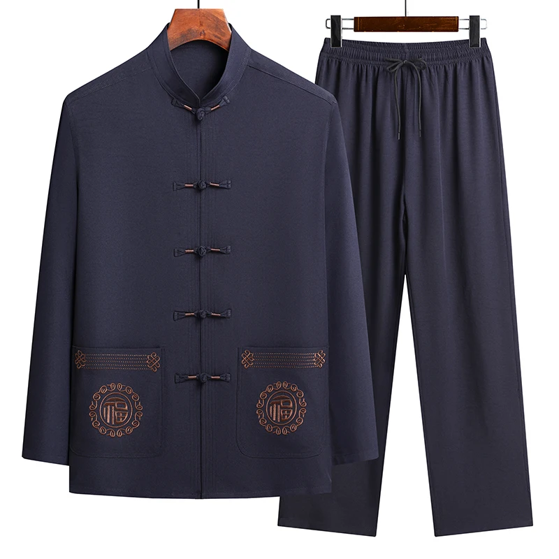 Autumn men's suit Tang suit long sleeve two-piece set thin Chinese style dad suit 2024 new model