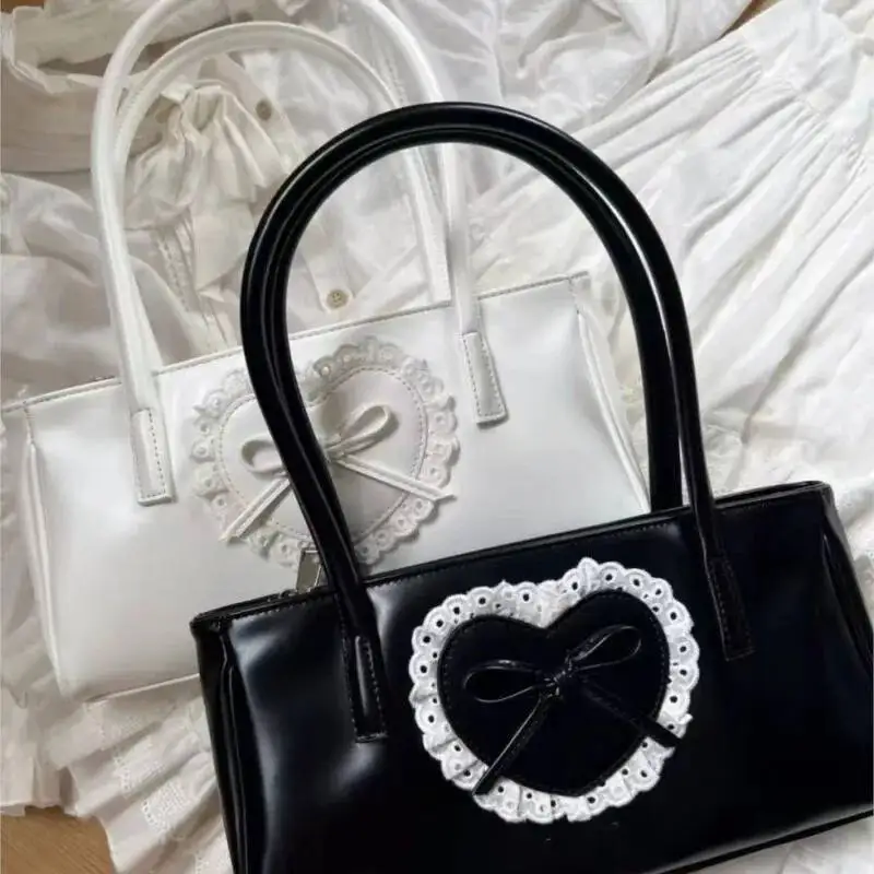Bloom Lolita Heart White Underarm Bag Women Haruku Lace Leather Y2k Shoulder Bags Purse Female Fairycore Aesthetic Handbag