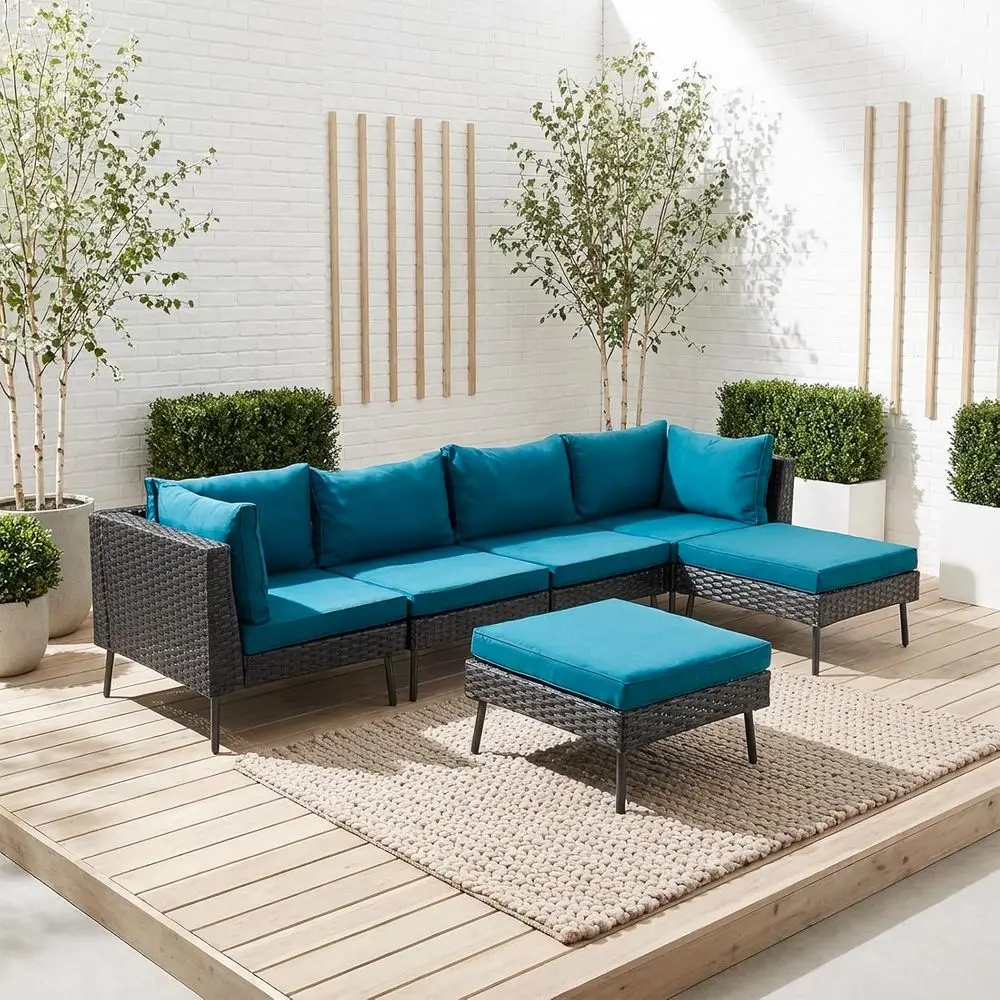 

6-Piece All-Weather Wicker Outdoor Sectional Sofa Set with Cushions for Patio, Garden, and Backyard (Black)