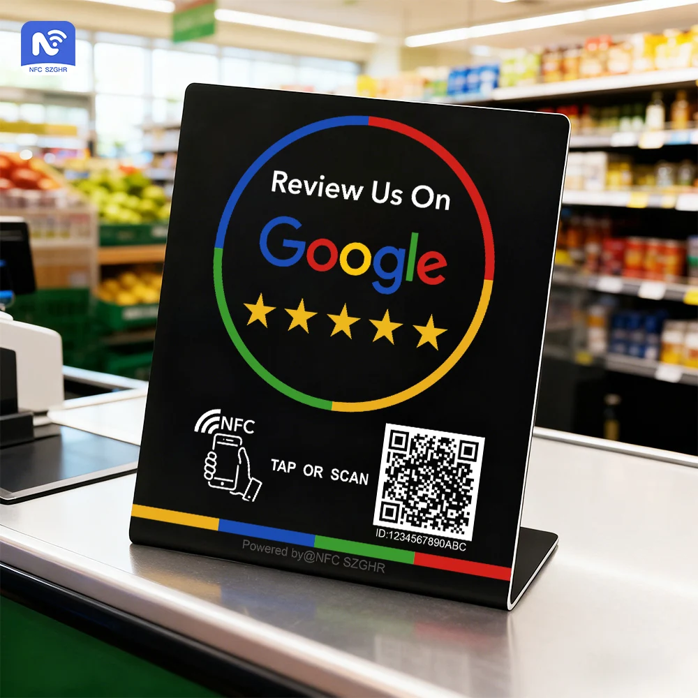 NFC Stand 215 Programmable QR Code TAP Google Review Acrylic Stickers Card NFC Station Table 13.56Mhz Waterproof NFC Review Card