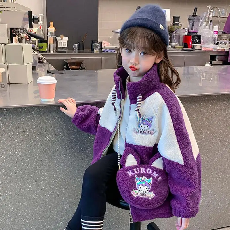 

Sanrios Children Kuromi Plus Velvet Woolen Sweater Anime Winter Thicken Color Matching Coat Cardigan Kids Girl Cartoon Kawaii