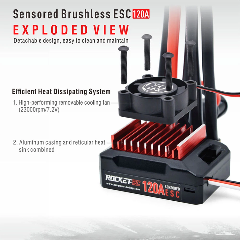 Rocket-RC 120A Sensored Brushless ESC for 1/10 RC Racing Car 380 390 540 Motors with Removable Cooling Fan Super BEC 6V/4A