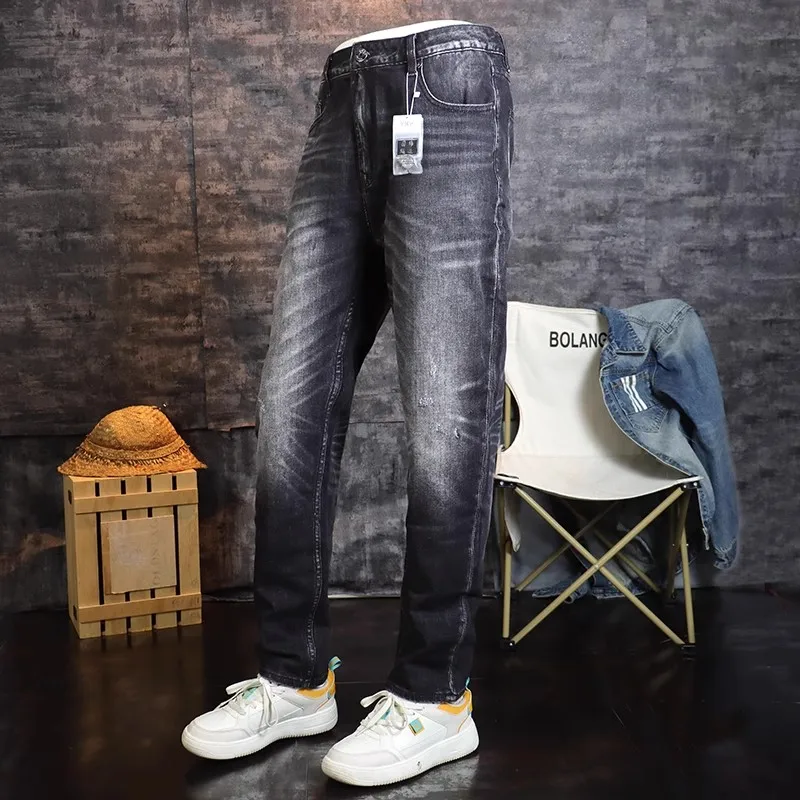 Fashion Designer Men Jeans High Quality Retro Black Gray Stretch Slim Fit Ripped Jeans Men Vintage Casual Denim Pants Hombre