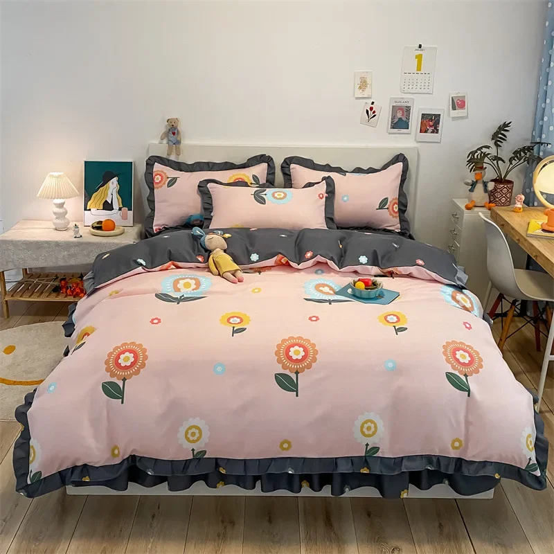 New Four-piece Pure Cotton Bed Skirt Set, Korean Style Lace Cotton Quilt Cover, Bed Sheet, Brushed and Thickened Three-piece Set