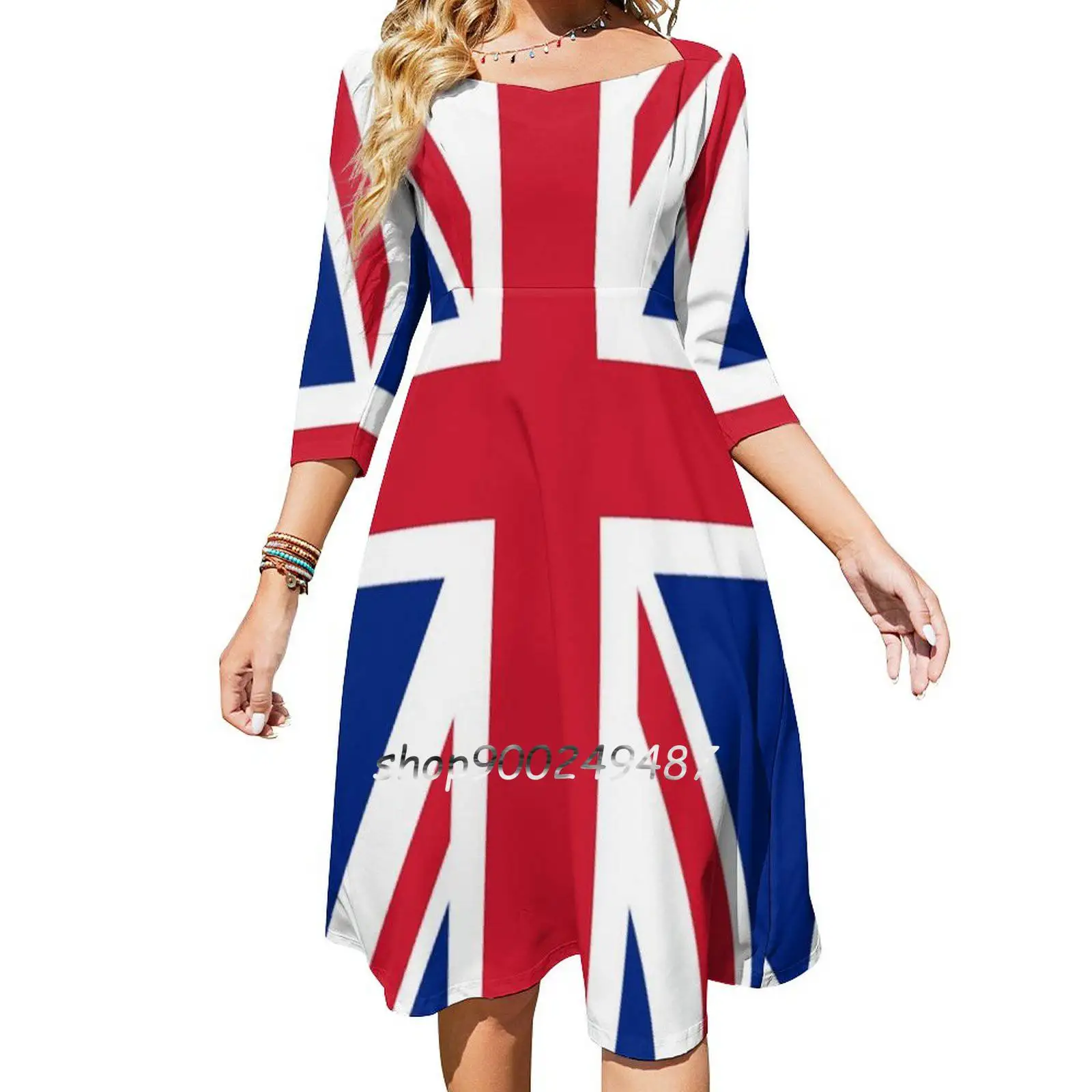 Union Jack Sweet Elegant Dress Women Korean Kawaii Square Collar Dress Union Jack Flag United Kingdom Great Britain Ireland