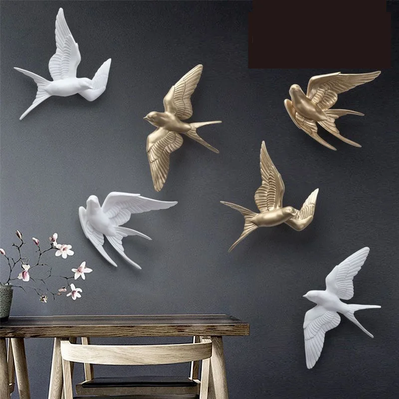 Decoración de pared de pájaro tridimensional blanco europeo, colgante de pared de golondrina para sala de estar, adornos de animales abstractos, decoración del hogar