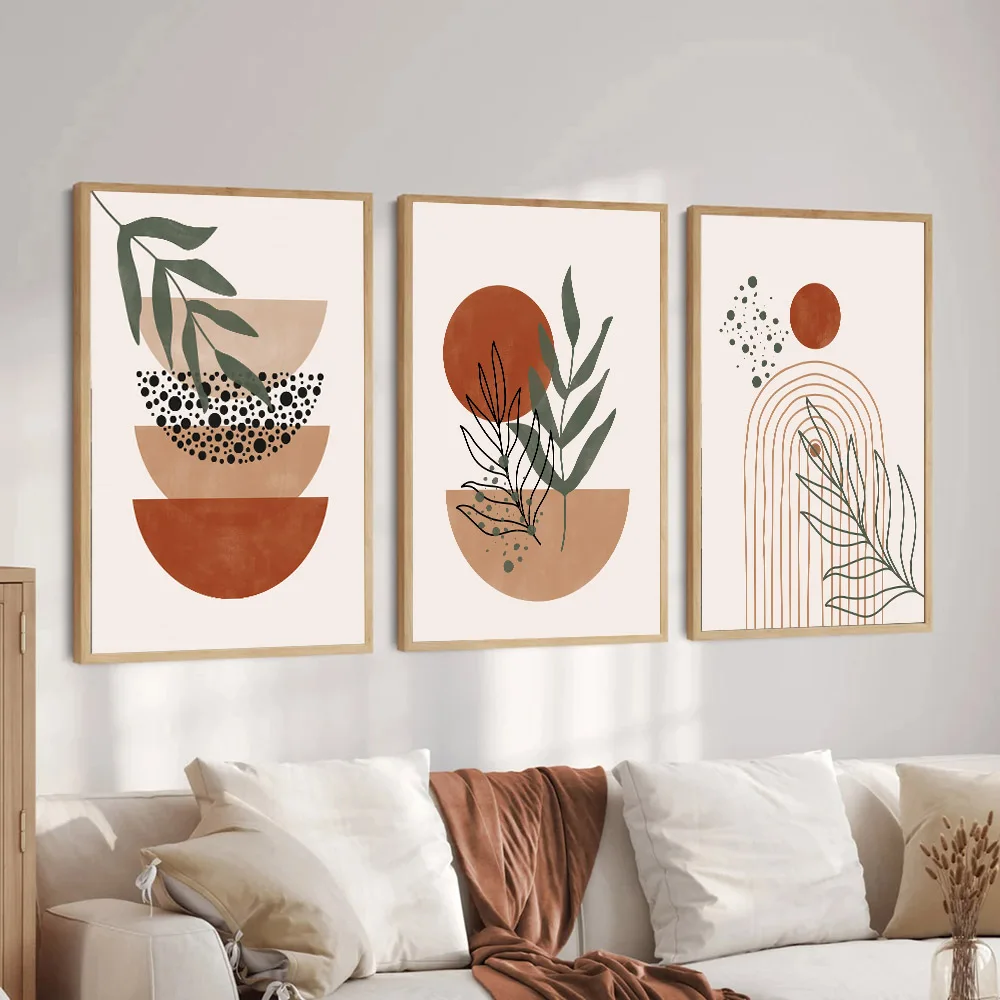 Set of 3 Terracotta Boho Wall Art Poster Geometry Semicircle Botanical Leaf Painting Mid Century Style Canvas Print Home Decor