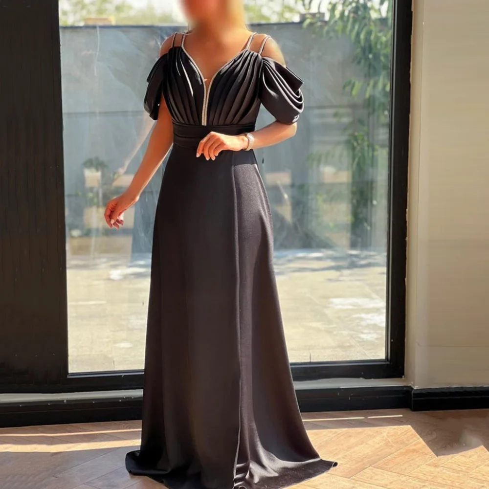 

Customized Customized Spaghetti Black Satin Evening Dresses Women Off the Shoulder A-line Draped Sequined Pageant Elegant Party