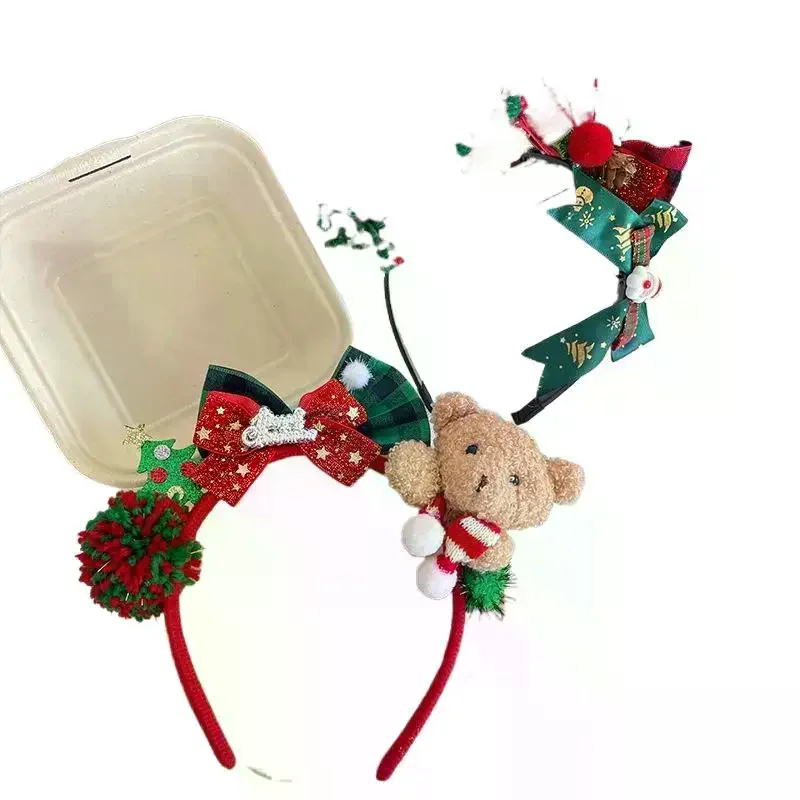 Opaska na głowę z misiem świątecznym z kokardą - świąteczny pluszowy dodatek do włosów dla kobiet, idealny na imprezy i do zdjęć. Lekki i stylowy!
