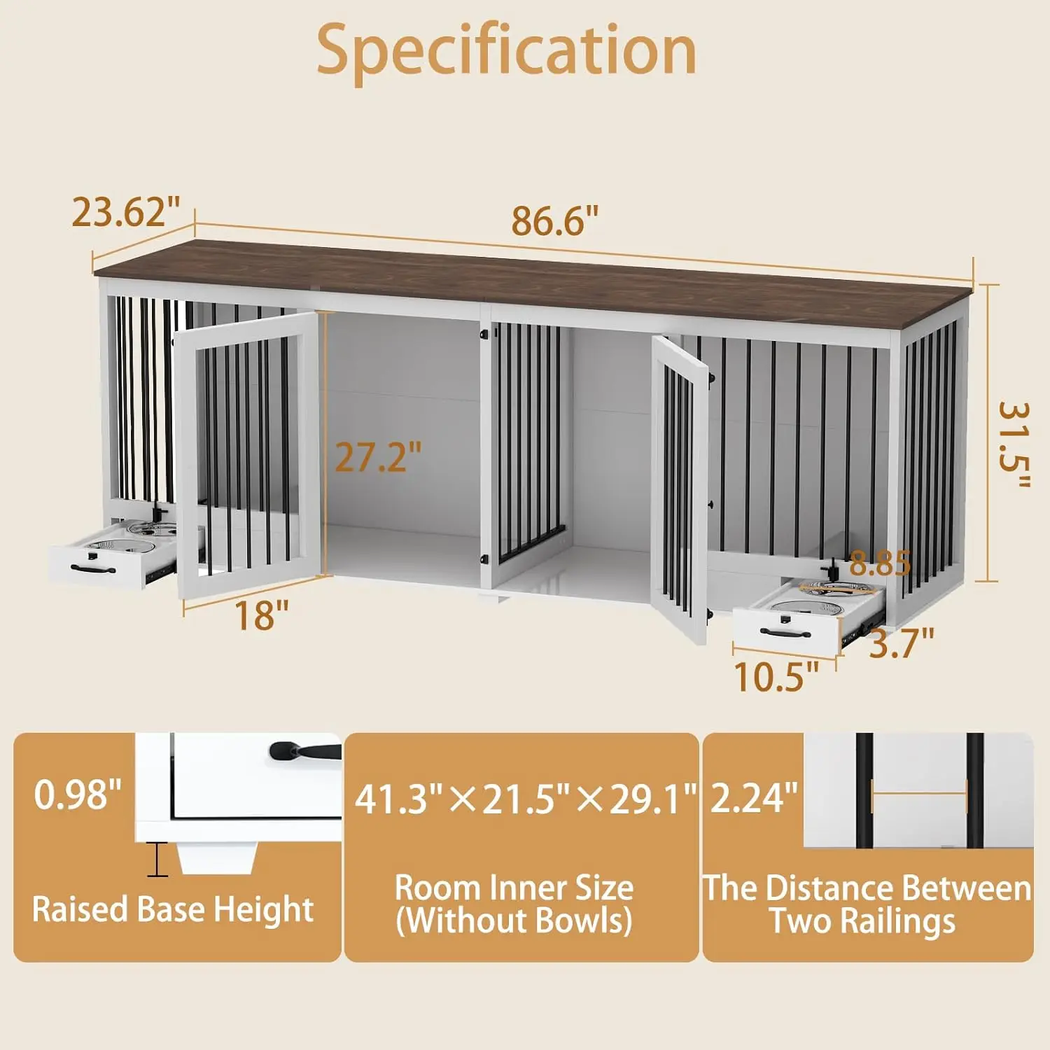 Furniture Style Large Dog Crate for 2 Dogs, 86.6