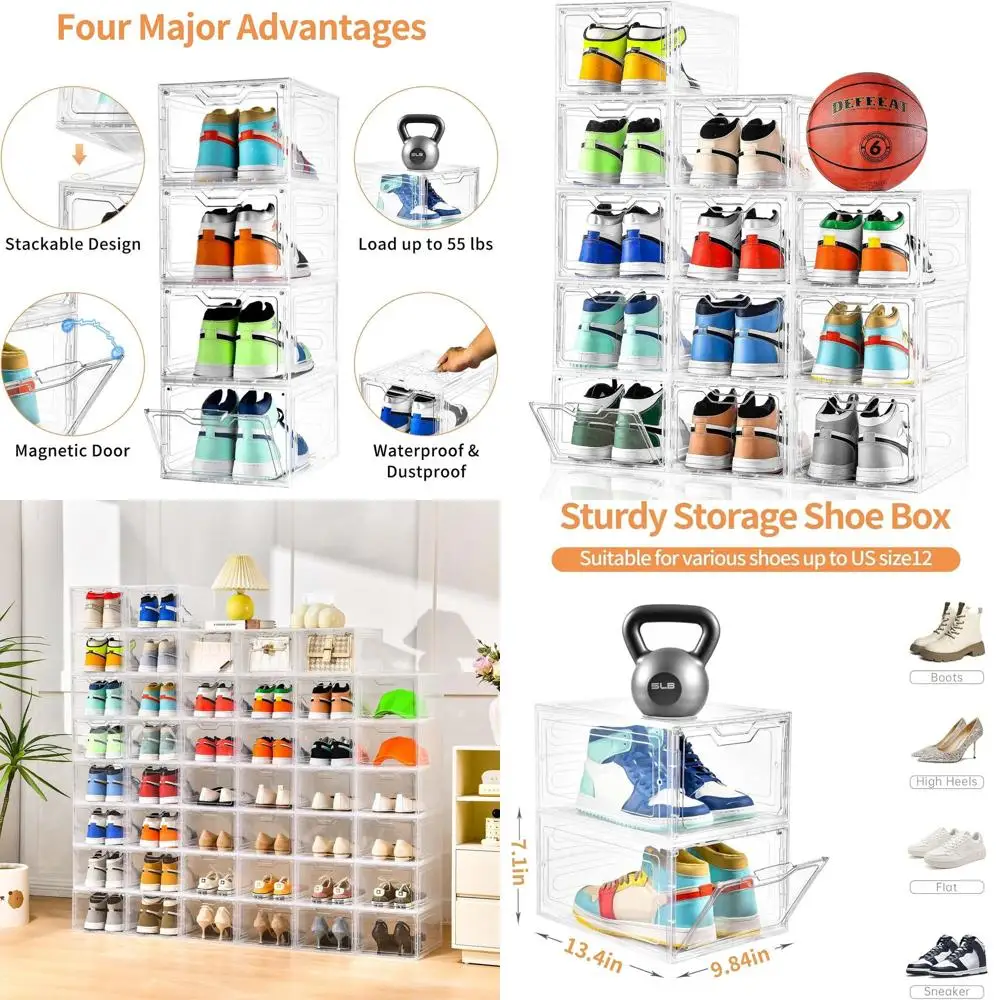 

Прозрачный органайзер для обуви с магнитной застежкой, 12 штабелируемых пластиковых коробок для обуви для хранения кроссовок и ботинок, подходит для размеров США 12