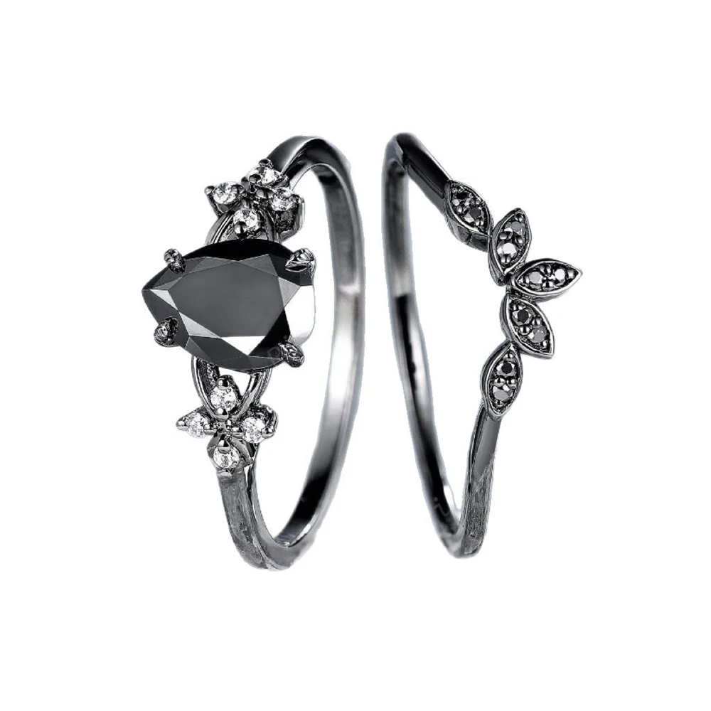 2Pcs Gothic Black Zircon Stone Ring Set