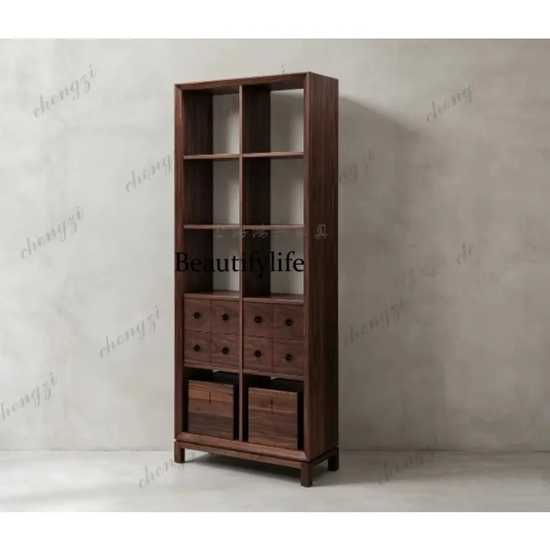R Bookshelf North American black walnut log bookcase Bogu shelf New Chinese display shelf Solid wood edge cabinet