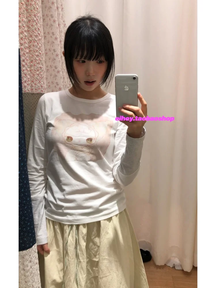 Autumn Cartoon Printed Age Reduction All Match Round-neck Long-sleeved T-shirt All Match Slim Fit Graphic T Shirts Women Y2k Top