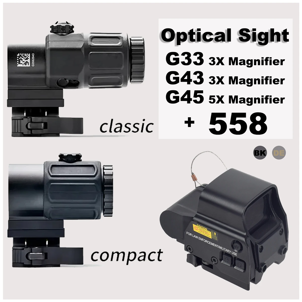 

G43/G45 3X 5X Magnifier G33 Optical Sight Scope Flip Side Picatinny Rail Mount&QD-Lever 558 Red Dot Sight Tactical Hunting Refle