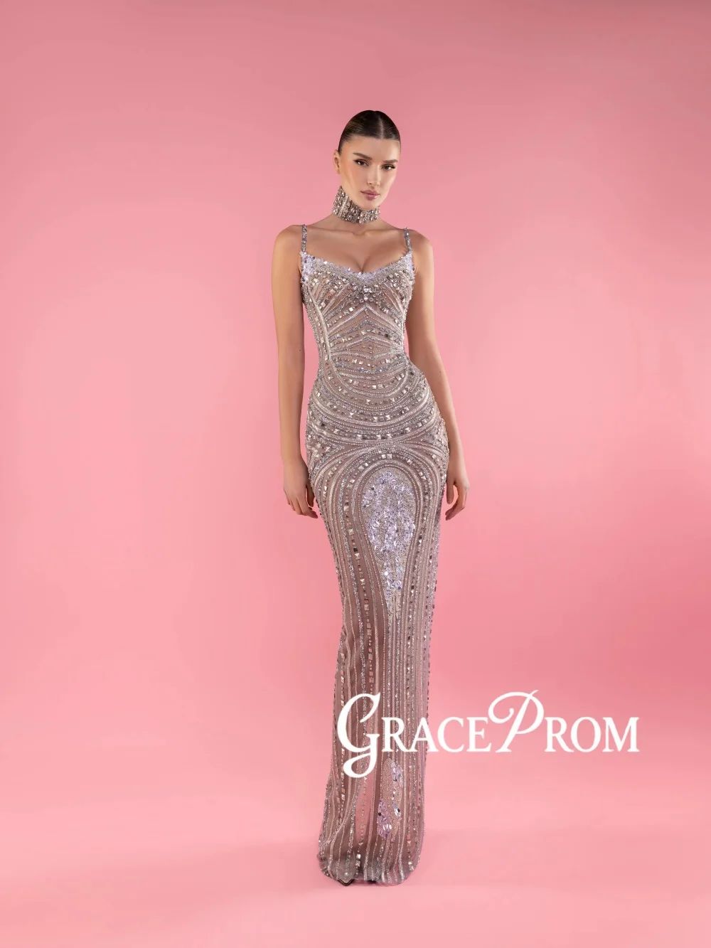 

Opulent Floor-length Beaded Evening Dress Glamorous Thin Straps Wedding Party Gown Customized Elegant Straight Red Carpet Gowns