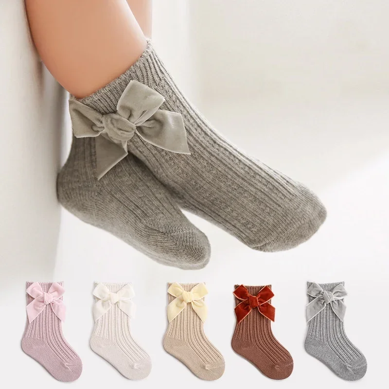 1 Pair Warm Autumn Baby Girl Sock Retro Sweet Pricess Velvet Bow Calf Sock for Toddler Soft Cotton Solid Color Kids Girl Sock