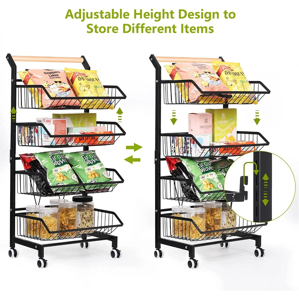 New 4 Tier Fruit Vegetable Storage Basket Rolling Cart with Handle and Wheels Black Kitchen Island Table